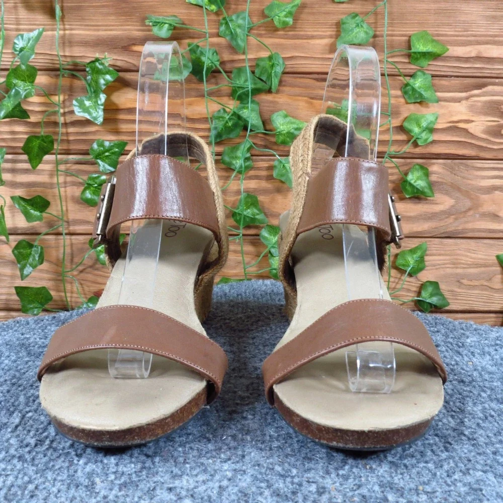 Me Too Knock Women Wedge Sandal Size 8M‎ Casual Summer Espadrille Brown Leather